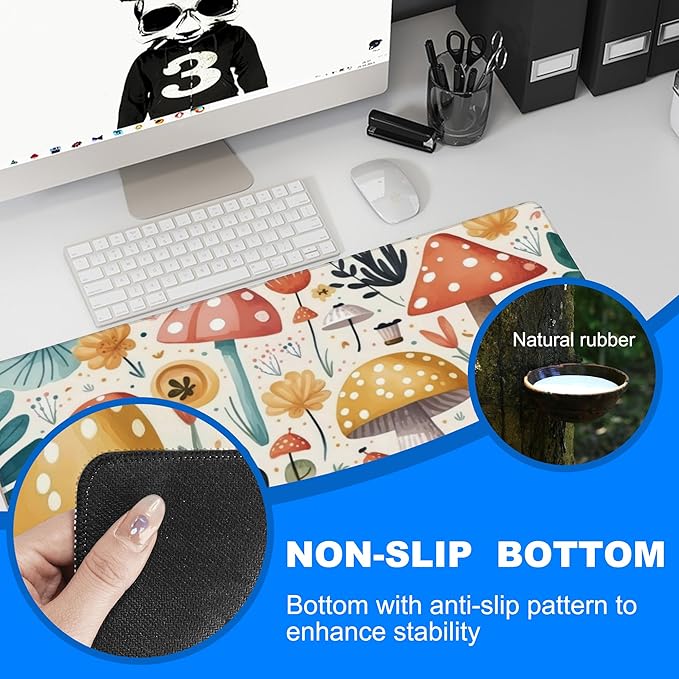 Desk Pad, Hand Drawn Charming Mushroom and Leaves Extended Gaming Mouse Pad Large, 31.5"x11.8" Big Mouse Pad with Non-Slip Base and Stitched Edge, Long Computer Keyboard Mouse Mat for Home Office Work