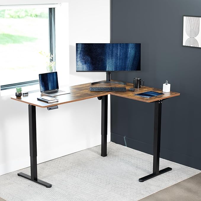 VIVO Corner Standing Desk, 63 x 47 inch Reversible L-Shaped Workstation, Electric Height Adjustment, Home, Office, and Reception Rooms, Rustic Vintage Brown Table Top Black Frame, DESK-E3CTN-47