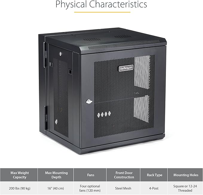 StarTech 4-Post 12U Wall Mount Network Cabinet with 1U Shelf, 19in Wall-Mounted Server Rack Kit, Up to 16in Mounting Depth, Ships Fully Assembled