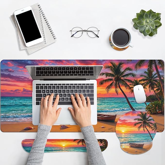 Arttown Sun Beach Desk Mat Tropical Ocean Mouse Pad Set 4 in 1 Ergonomic Design Large Mouse Pad + Keyboard Wrist Rest + Mouse Wrist Rest + Coaster Suitable for Home Office Study Game