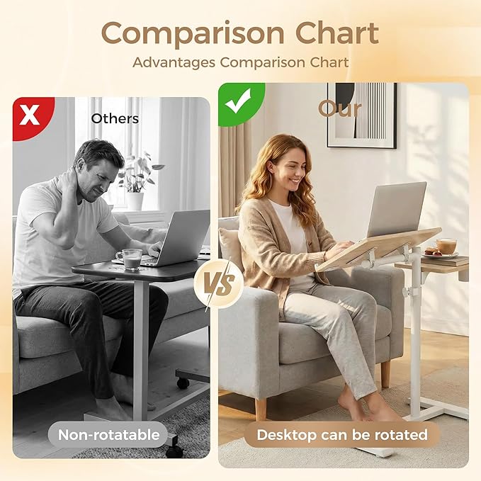 Rolling Table for Laptop Stand, Height and Angle Adjustable Over Bed Table with Wheels, Tilt-Top Laptop Desk for Couch with Cup Holder, Bed Table Tray for Eating (Oak)