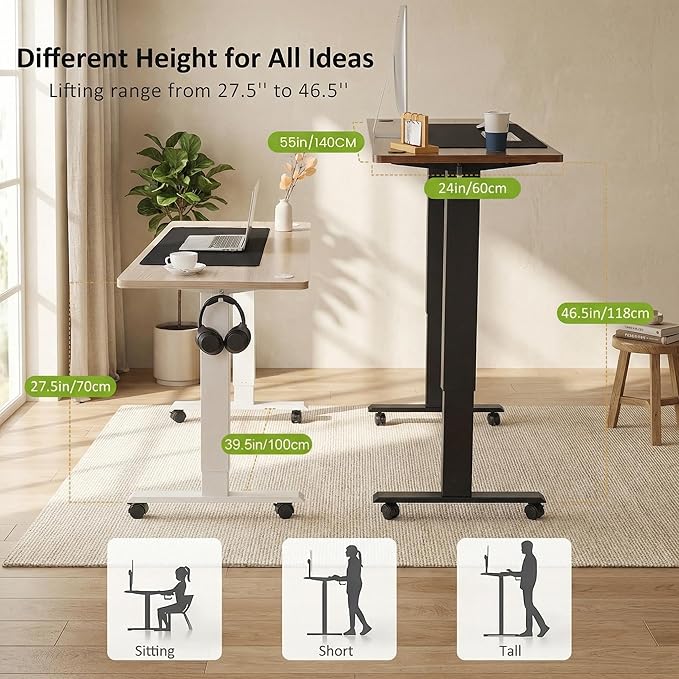 farexon Electric Standing Desk Adjustable Height, 55 x 24 Inch Stand up Desk with Large Mouse Pad, Rolling Wheels & Foot Pad,27''-46'' Lifting Range Home Office Computer Desk(Oak Gray)