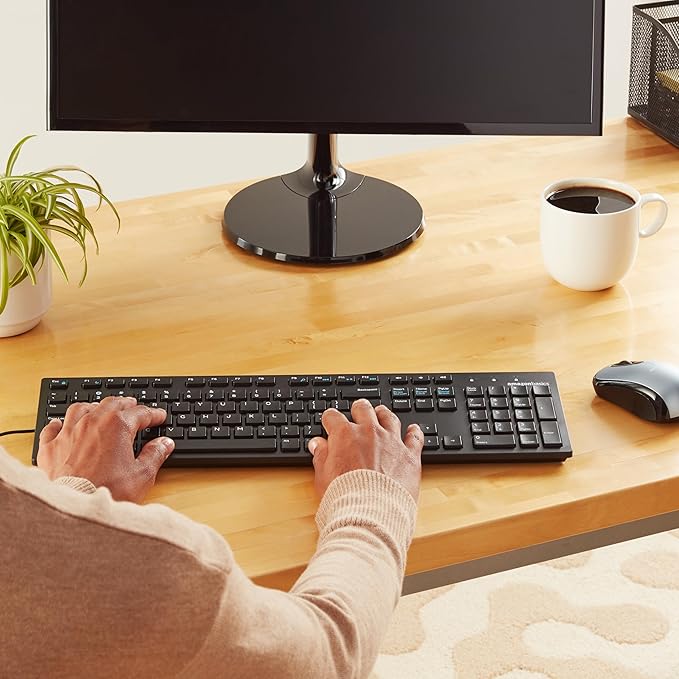 Amazon Basics Wired QWERTY Keyboard, Works with Windows, Plug and Play, Easy to Use with Media Control, Full-Sized, Black