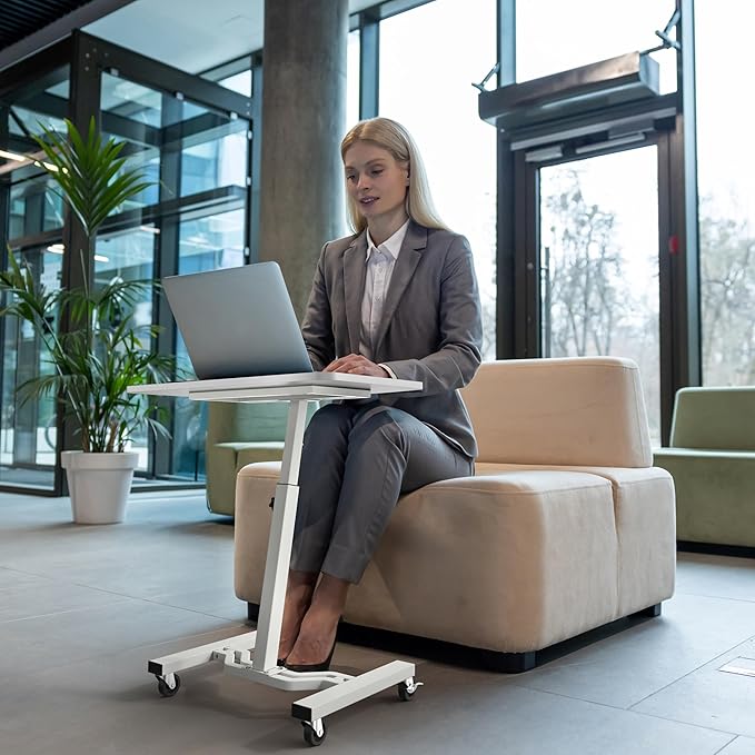 SHW Mobile Height Adjustable Laptop Rolling Cart with Height Adjustment from 28" to 33", White