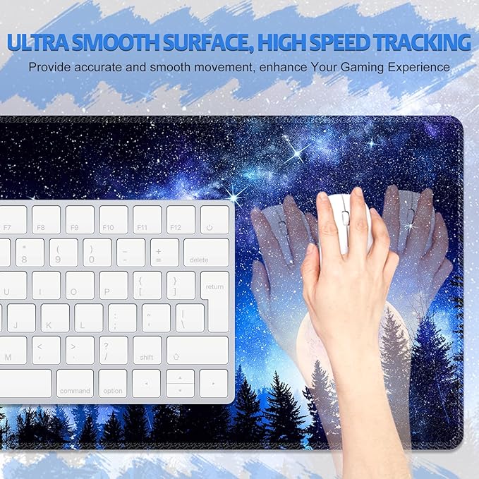 Mouse Pad, Cute Cool XXL Large Desk Mat for Desk Cover, Anti-Slip Big Mousepad with Stitched Edges, Keyboard Mat for Computer Desktop Table Protector I Galaxy Moon Pines