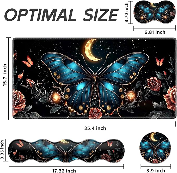 Gaming Mouse Pad Set, Butterfly Roses Moon Large Desk Mat Mousepad, Keyboard Wrist Support, Mouse Wrist Rest, Coaster 4in1 Ergonomic Memory Foam, Non-Slip Stitched Edge for Home Office