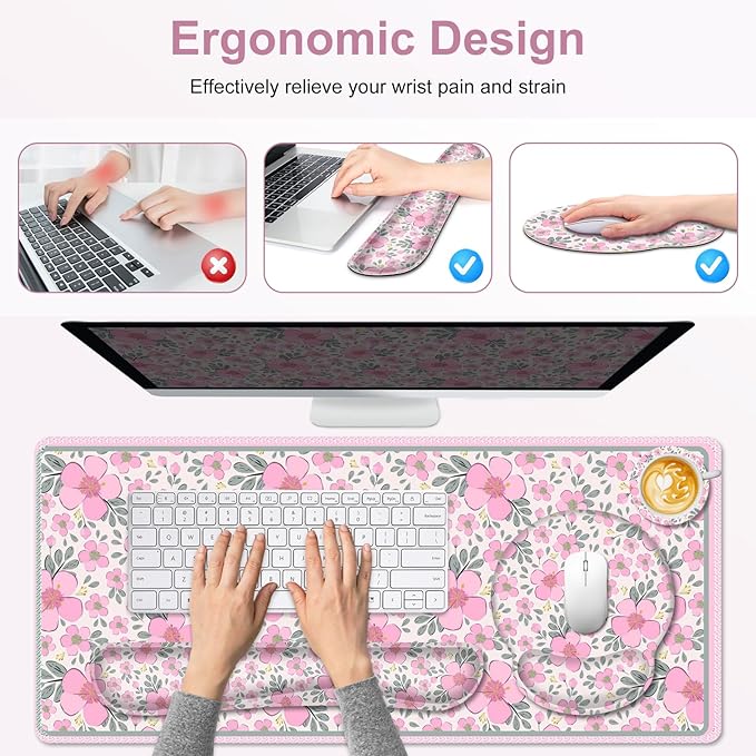 Floral Desk Mat, 4in1 Large Mouse Pad with Wrist Rest, Cute Desk Matt for Desktop, Deskpad Mat, Anti-Slip XXL Computer Ergonomic Mousepad with Wrist Support for Keyboard and Mouse I Pink Flowers