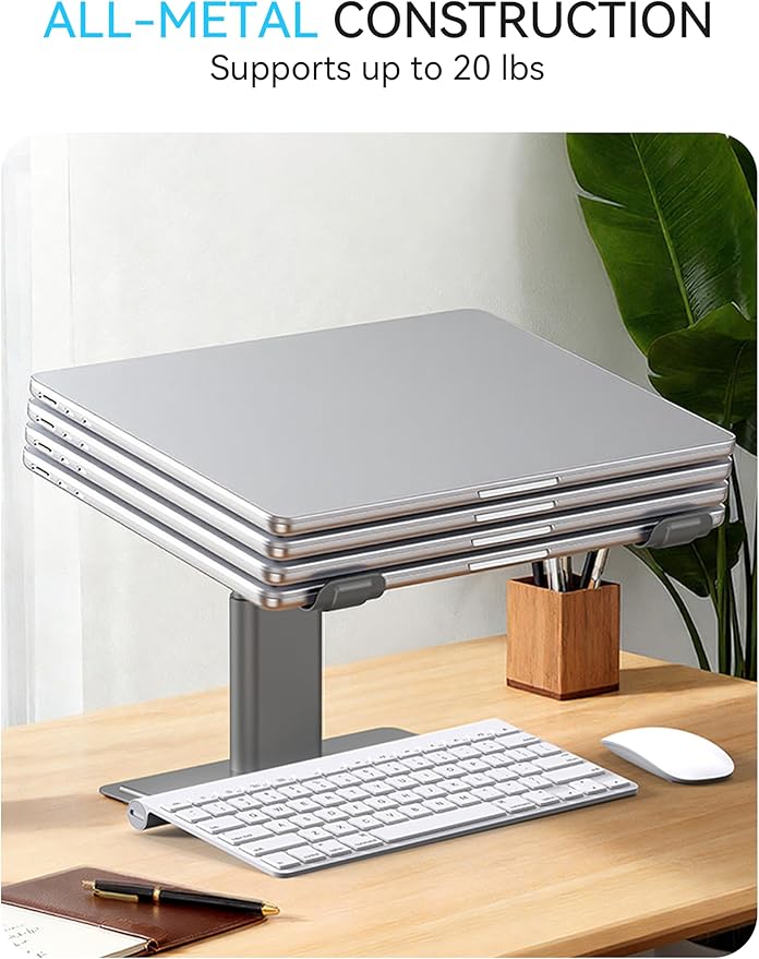 SOUNDANCE Adjustable Laptop Stand, Ergonomic Aluminum Riser for 10-17.3” Notebooks, Ventilated Metal Holder with Height Alignment for Desk Workspace, Grey
