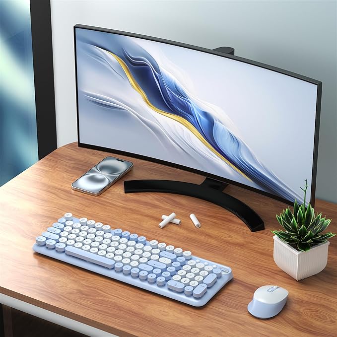 Wireless Keyboard and Mouse Combo, Full-Size Retro Typewriter Keyboard Style, 2.4GHz USB Receiver, Plug-and-Play, Keyboard Mouse Set for Computer, Laptop, Windows, Mac, and PC (Blue)