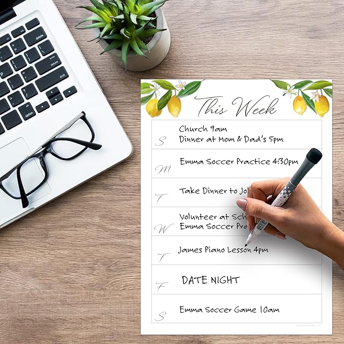 Dry Erase Weekly Calendar Planner Sticker Decal | Removable & Reusable | Magnetic Fine-Tip Marker Included (9 x 12 inches, Lemon Fresh)