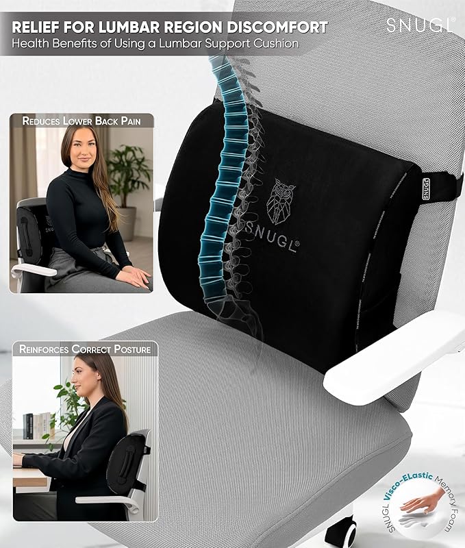 SNUGL Lower Back Support Cushion for Chair and Car Seat | Memory Foam Back Lumbar Support Cushion with Dual Straps | Ergonomic Office Chair with Non-Slip Back Layer | Black
