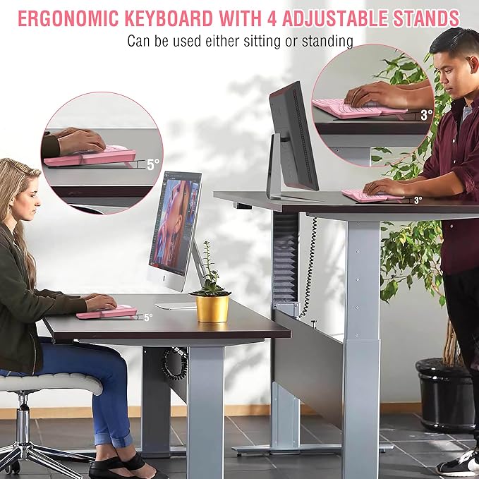 Ergonomic Wireless Keyboard Mouse Combo, EDJO Bluetooth/2.4G Dual Channel, Split Design, Soft Foam Palm Rest, 4 Level DPI Adjustable Wireless Mouse, Rechargeable, for Windows/Mac/Android(Pink)