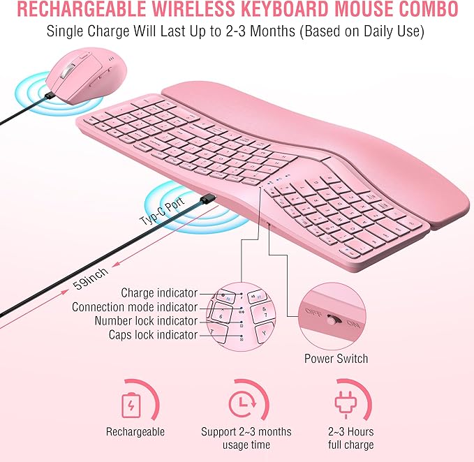 Ergonomic Wireless Keyboard Mouse Combo, EDJO Bluetooth/2.4G Dual Channel, Split Design, Soft Foam Palm Rest, 4 Level DPI Adjustable Wireless Mouse, Rechargeable, for Windows/Mac/Android(Pink)