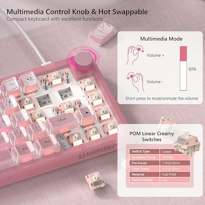 Womier 60% Percent Keyboard Pink Mechanical, QMK/VIA Creamy Gaming Keyboard Topographic, Hot Swappable Gasket Mount RGB Wired Key Board & Translucent Keycaps(VK66 PRO)