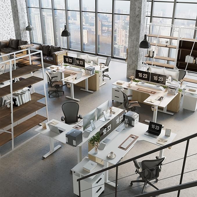 FEZIBO Triple Motor L-Shaped Electric Standing Desk, 63 Inches Height Adjustable Stand up Corner Desk, Sit Stand Workstation with Splice Board, White Frame/White Top