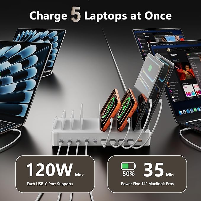 750W Charging Station for Multiple Devices, 10-Port Fast Charger, 5 USB-C 120W Each and 5 USB-A 30W Each, Desktop Charging Hub for Laptop Phone Tablet, White