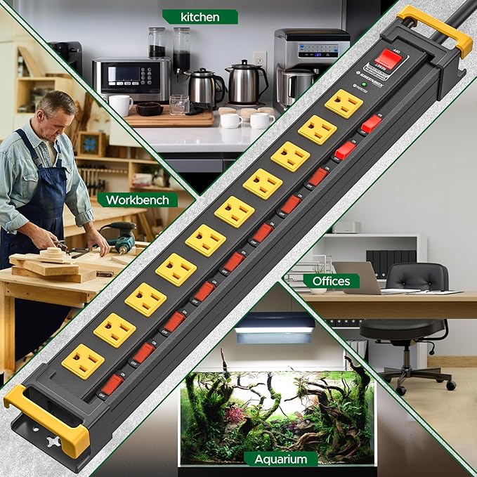 10 Outlet Heavy Duty Long Power Strip with Individual Switches,3300J Surge Protector Power Strip,6FT Cord Management, Wall Mount, Wide-Spaced, ETL Listed (15A/1875W)