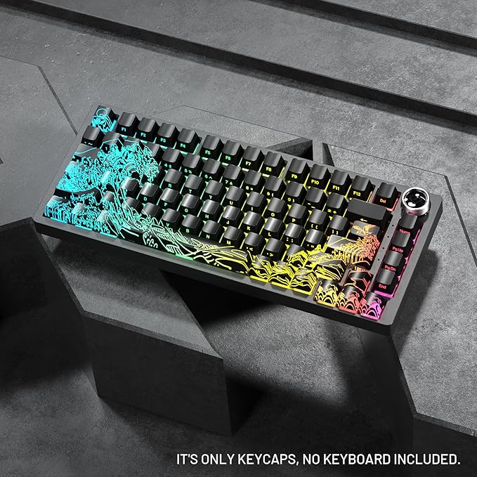 HITIME x XVX Kanagawa Keycaps 60 75 100 Percent - Shine Through Keycaps w/IMD Tech, for Mechanical Keyboards, Full 118 Key Set, OEM Profile, Lines Backlit, Side Printed - Black