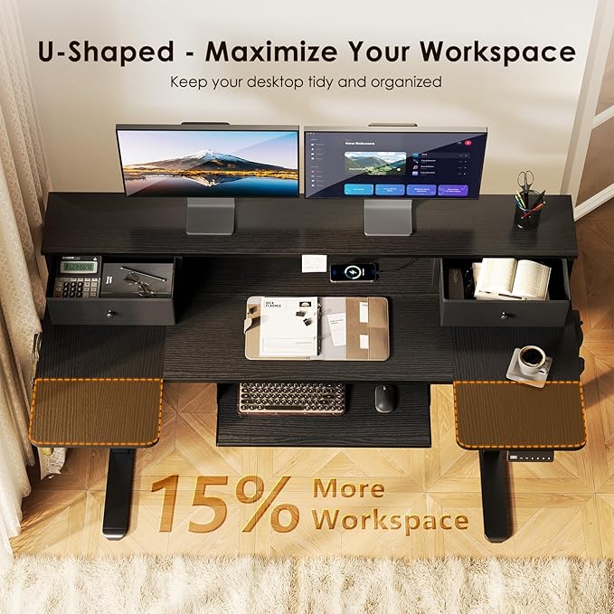 OffiGo U Shaped Electric Standing Desk with Drawers, 55 Inch Height Adjustable Desk with Keyboard Tray ＆ Ergonomic Monitor Stand, Sit Stand Table with Power Outlets for Home, Office, Black