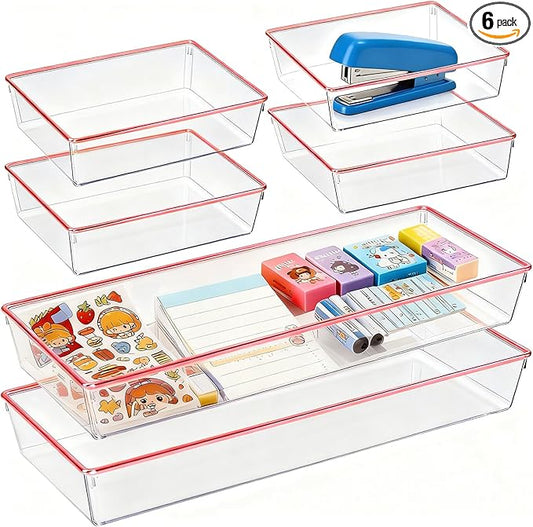 6 Pack Large Size Clear Stackable Drawer Organizer Trays, Rose Gold Rim Makeup Drawer Storage Tray Divider, Desk Storage for Makeup, Jewelry, Bathroom, Stationary, Kitchen Utensils and Office Desk