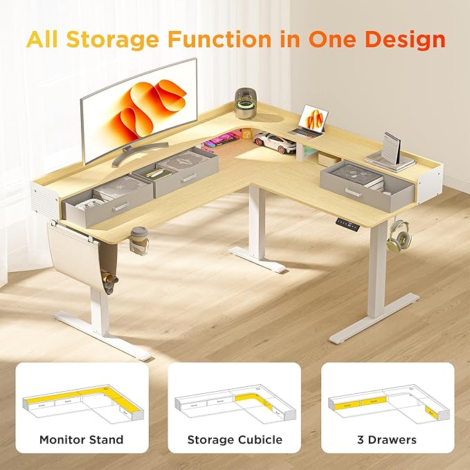 63 Inches Height Adjustable L Shaped Standing Desk with 3 Drawers and Monitor Shelf, Electric Sit to Stand Home Office Comupter Table, Ergonomic Corner Gaming Desk, Oak