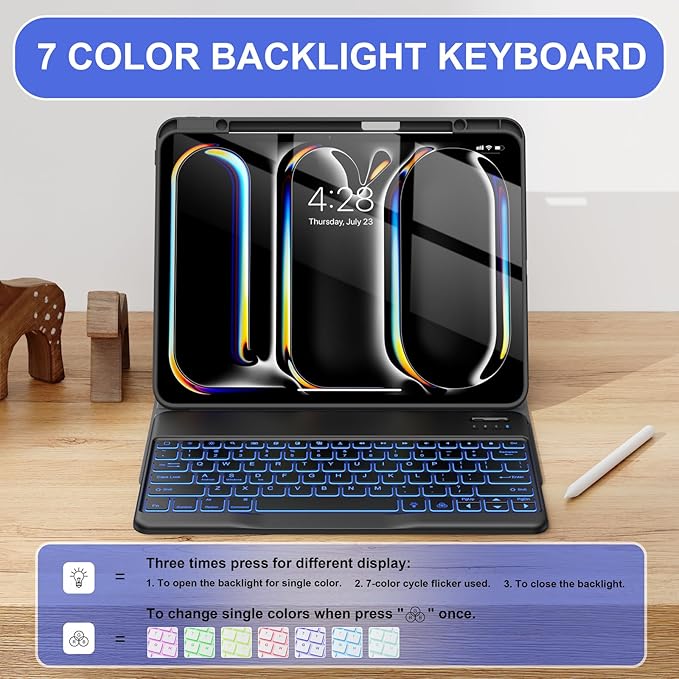 Soke Keyboard Case for iPad Pro 13 Inch (M5 2025/M4 2024), 7-Color Backlit Detachable Bluetooth Keyboard, Folio Stand TPU Back Cover with Pencil Holder for iPad Pro 13", Black New