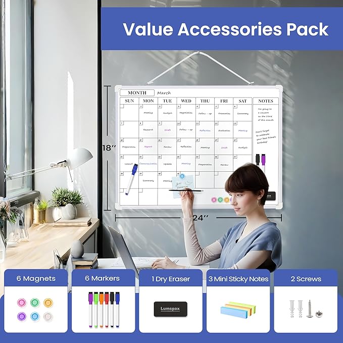 Monthly Whiteboard Calendar for Wall, 24" x 18" Dry Erase Board with Plastic Frame, Hanging Dry Erase Calendar with 3 Mini Sticky Notes for Kitchen Planner, Memo, Home and Office, White