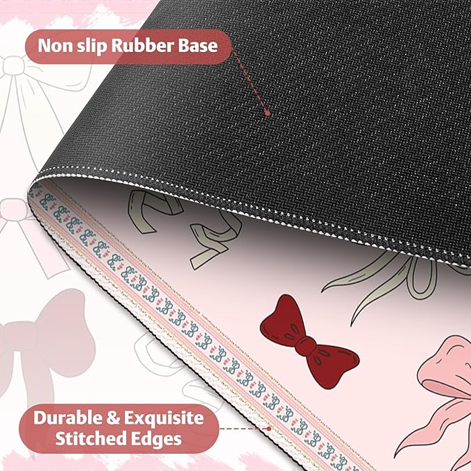 Desk Pad for Keyboard and Mouse, Large Mouse Pad for Desk, Non-Slip Keyboard Mat, Computer Mats for Desk, Desk Pad with Stitched Edges for Office, Gaming Girl Women I Cute Pink Red Bow