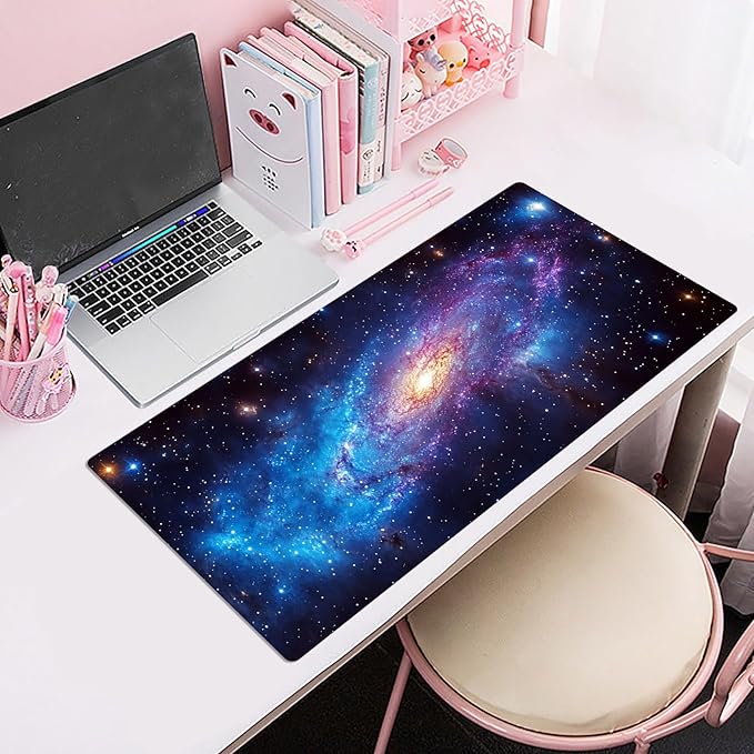 HVEST Galaxy Extended Gaming Mouse Pad, Blue Purple Galaxy Space Desk Mat XL,Large Keyboard and Mouse Pad with Non-Slip Rubber Base and Stitched Edge for Game, Office, Home 31.5'' x 15.7''