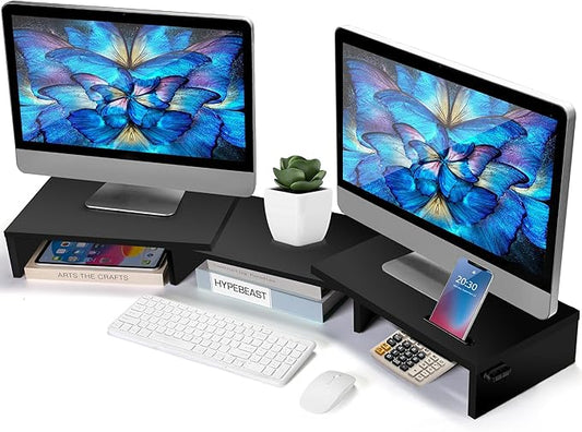 Dual Monitor Stand Riser for 2 Monitors, Monitor Stand for Desk, Adjustable Length & Swivel Angle Wooden Desktop Organizer Stand Riser with Smartphone Holder for PC Monitor Laptop, Black