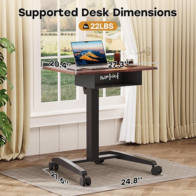 JOY worker Height Adjustable Rolling Laptop Desk with Shelf,Mobile Standing Desk,Pneumatic Mobile Laptop Table with Wheels for Couch Home Office School,Holds Up to 22lbs,Dark Walnut