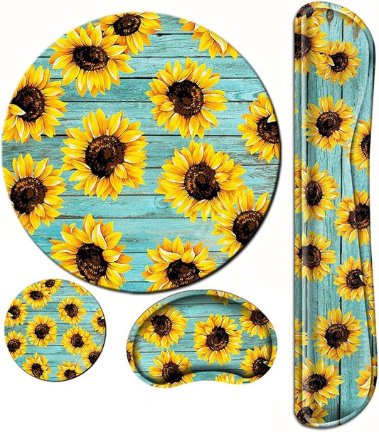 Sunflower Mouse Pad and Keyboard Wrist Rest Ergonomic Wrist pad for Keyboard and Mouse Mat Set 4 in 1 Mousepad with Wrist Support Memory Foam Computer Mat