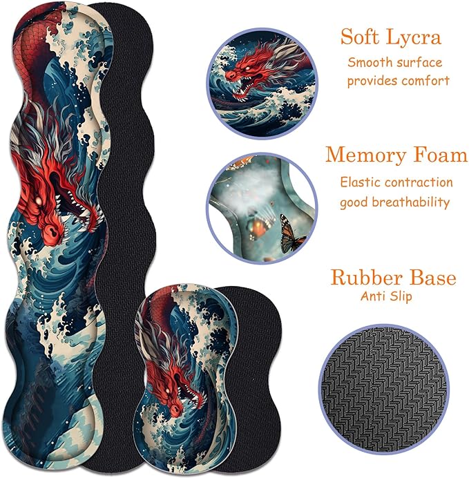 Large Gaming Mouse Pad + Keyboard Wrist Rest + Wrist Support + Coaster Set, Memory Foam Ergonomic for Easy Typing, XXL Extended Gaming Mouse Pad Table Pad - Sea Wave Red Dragon