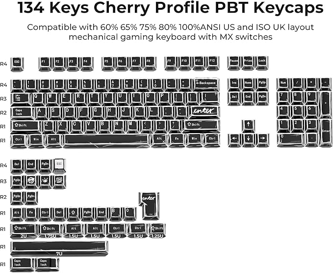 XVX Black Translucent Keycaps,PBT Keycap Set Cherry Profile,Dye Sublimation Graffiti Keyboard Keycaps Suitable for 60% 65% 75% 80% 100% MX Switches Mechanical Keyboard