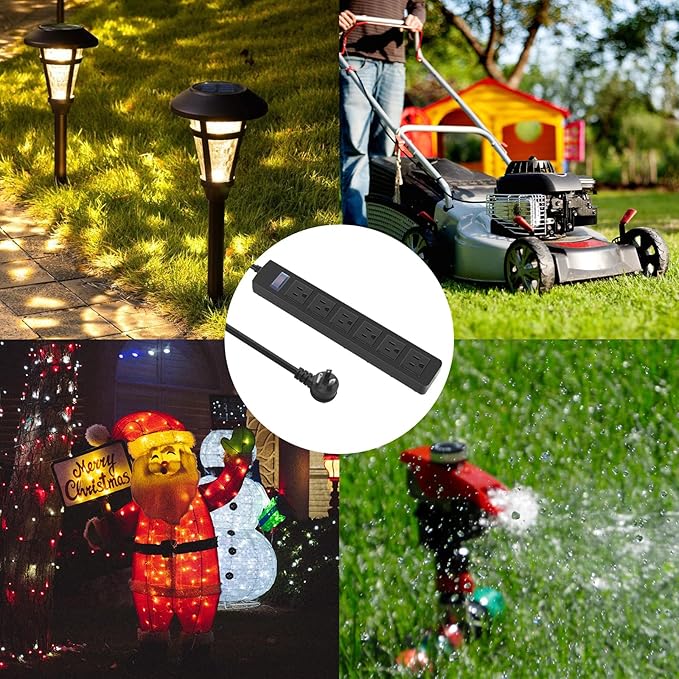Outdoor Power Strip Waterproof with 6 Outlets, Garden Weatherproof Surge Protector, Christmas Multiple Outlet Exterior Socket for Lighting Appliances. 10FT Extension Cord Strip with Flat Plug. Black