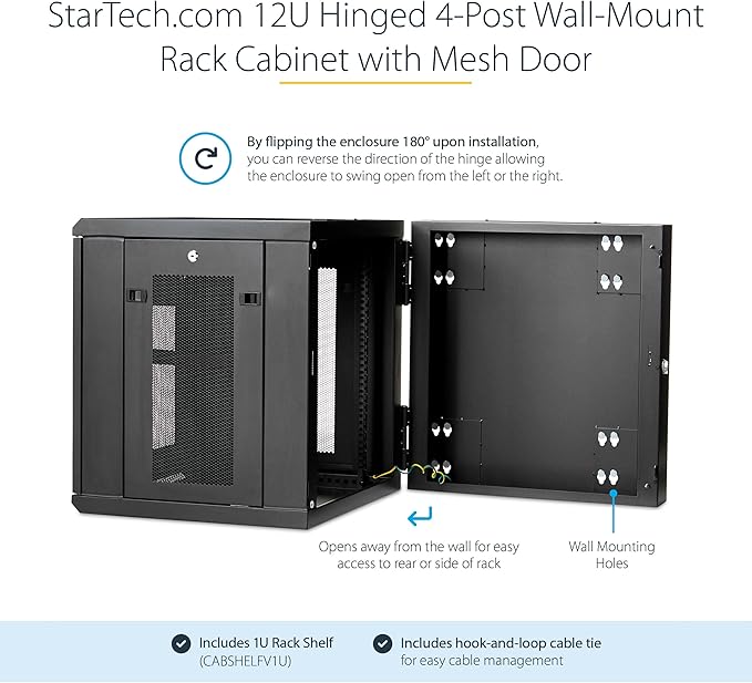 StarTech 4-Post 12U Wall Mount Network Cabinet with 1U Shelf, 19in Wall-Mounted Server Rack Kit, Up to 20in Mounting Depth, Ships Fully Assembled