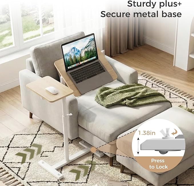 Rolling Table for Laptop Stand, Height and Angle Adjustable Over Bed Table with Wheels, Tilt-Top Laptop Desk for Couch with Cup Holder, Bed Table Tray for Eating (Oak)