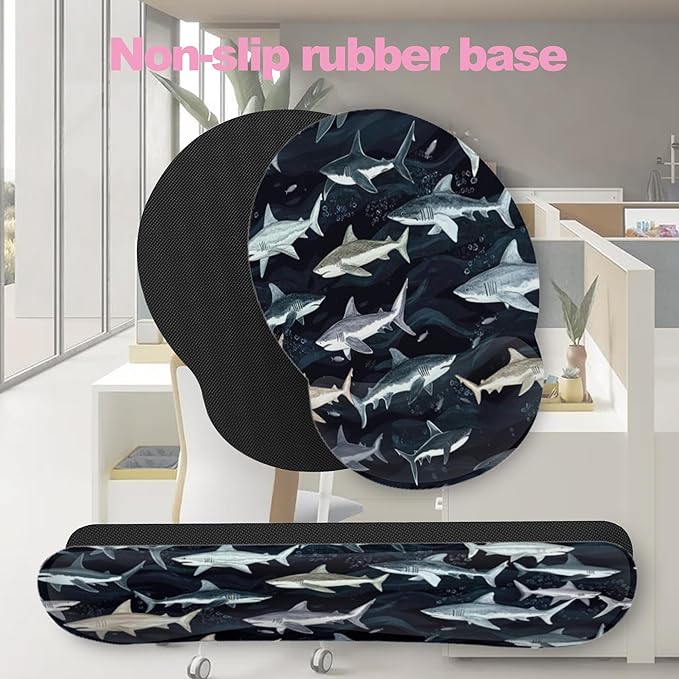 Cute Shark Keyboard Wrist Rest Pad Mouse Pad Set,Ergonomic Mousepad Wrist Support Memory Foam Desk Pad for Gaming Office,Non-Slip Rubber Base Easy Typing for Home Office Computers