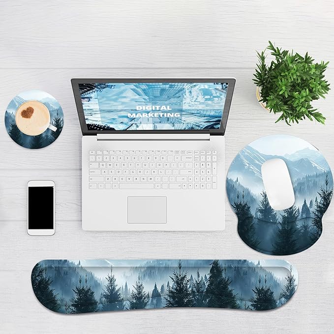 Ergonomic Mouse Pad with Wrist Rest and Keyboard Wrist Rest, Mousepad and Wrist Rest for Computer Keyboard, Pain Relief, Non-Slip Rubber Base, Mouse Pad with Wrist Support for Gaming, Cloud Forest