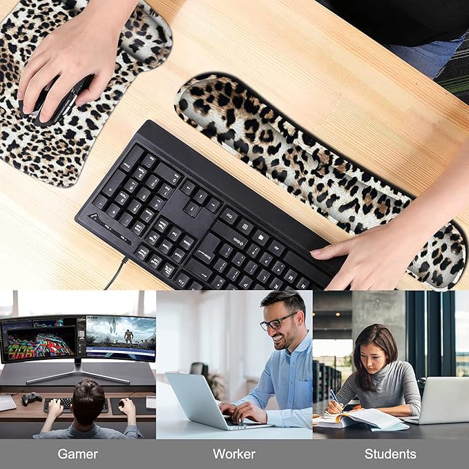 Keyboard Wrist Rest Pad and Ergonomic Mouse Pad Wrist Support Set Leopard for Gaming, Office, Comfortable and Pain Relief with Coaster Set