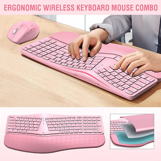 MK960 Ergonomic Wireless Keyboard Mouse Combo, Bluetooth/2.4G Split Design Keyboard with Palm Rest and 4 Level DPI Adjustable Wireless Mouse Multi-Device, Rechargeable, for Windows/Mac/Android(Pink)