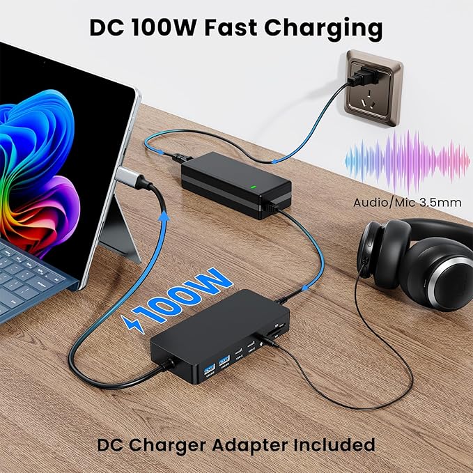 Surface Thunderbolt 4 Dock Triple Displays 4K HDMI*2+VGA, 12 in 1 Surface Pro Docking Station with 100W Power Adapter for Microsoft Surface Pro 12/11/10/9/8/X/7+/7,Laptop 7/6/5/4/3,Laptop Go,Studio