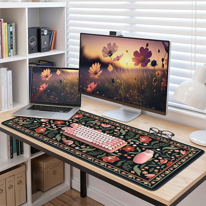 iLeadon Cute Desk Cover Mat, Extended Floral Stitched Edges Desk Pad for Keyboard and Mouse, Soft Large Gaming Mouse Pad, Non Slip Desks Blotter Mat for Office Home (Black)