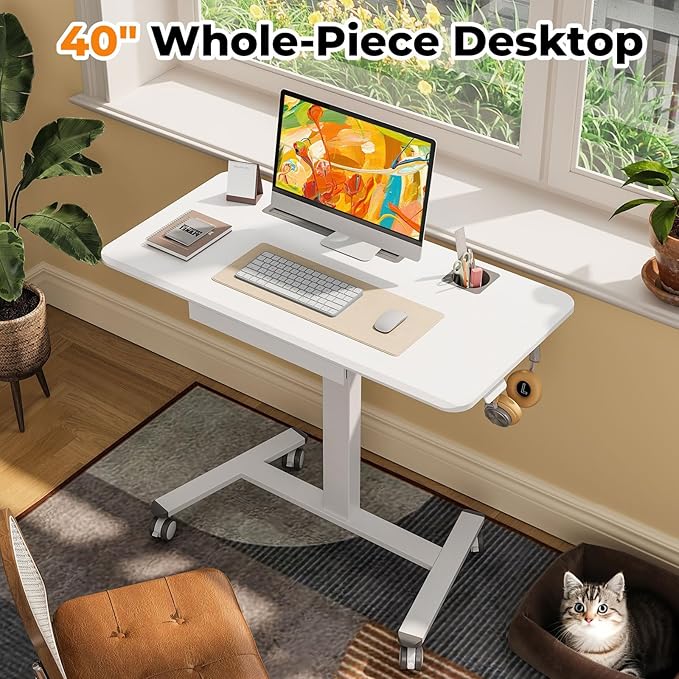 Mobile Standing Desk with Drawer, 40" Small Standing Desk with Cup Holder, Rolling Laptop Workstaion on Wheels, Height Adjustable Table with Storage for Home Office, White