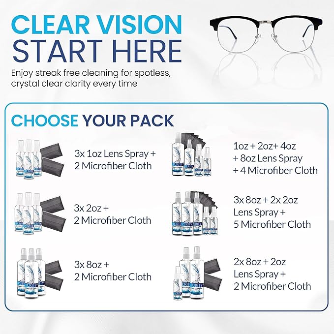 Purity Eyeglass Cleaner Family Pack - Multi-Size Lens Cleaner Kit - 1x1oz, 1x2oz, 1x4oz, 1x8oz Bottles + 4 Premium Microfiber Cloths - Safe for All Lenses, Eyeglasses, & Screens - Streak-Free Formula
