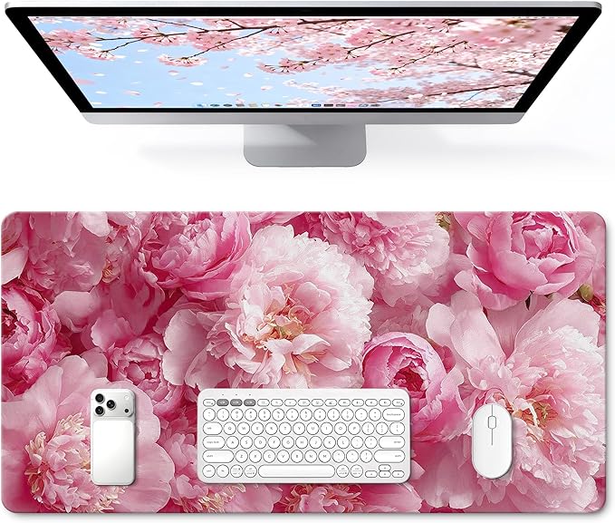 Desk Mat Desk Pad for Keyboard and Mouse, 31.5 x 15.7 in, Pink Peony Floral PU Leather Computer Protector, Non-Slip Base, Waterproof, Easy Clean for Office Gaming, Mouse Pad