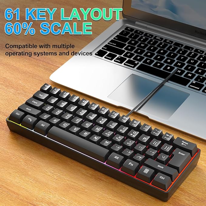 Wired RGB Gaming Membrance Keyboard. 60 Percent Mini Creamy LED Computer Keyboard .Small Ergonomic Clicky Teclado with ABS Backlit Unreplaceable Keycaps. (White Case + Blue Keycaps)