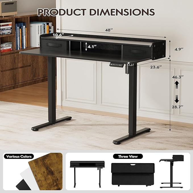 Furmax Electric Standing Desk with Drawers, Stand Up Desk with Storage Shelf Height Adjustable Computer Desk with Organizer for Home Office Ergonomic (Black, 48 Inch)