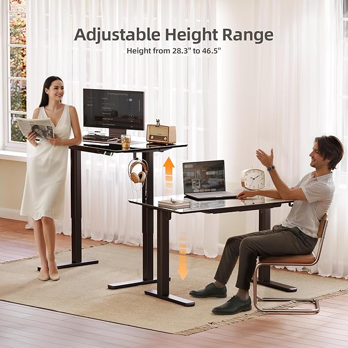 INNOVAR Glass Standing Desk with Drawers, 55×27.6 Inch Adjustable Stand Up Desk Quick Install Home Office Computer Desk, Black