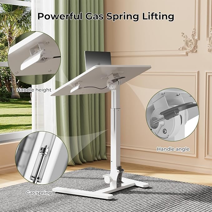 Foldable Standing Desk，Small Mobile Sit-Stand Desk with 90 Tiltable Top，Rolling Rising Laptop Workstation Adjustable Height，Portable Table on Hidden Wheels/4 Lockable Casters，White